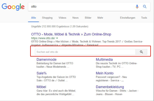 Die Sitelinks Searchbox von Google – mit JSON LD und dem Tag Manager kann ich die Searchbox definieren.